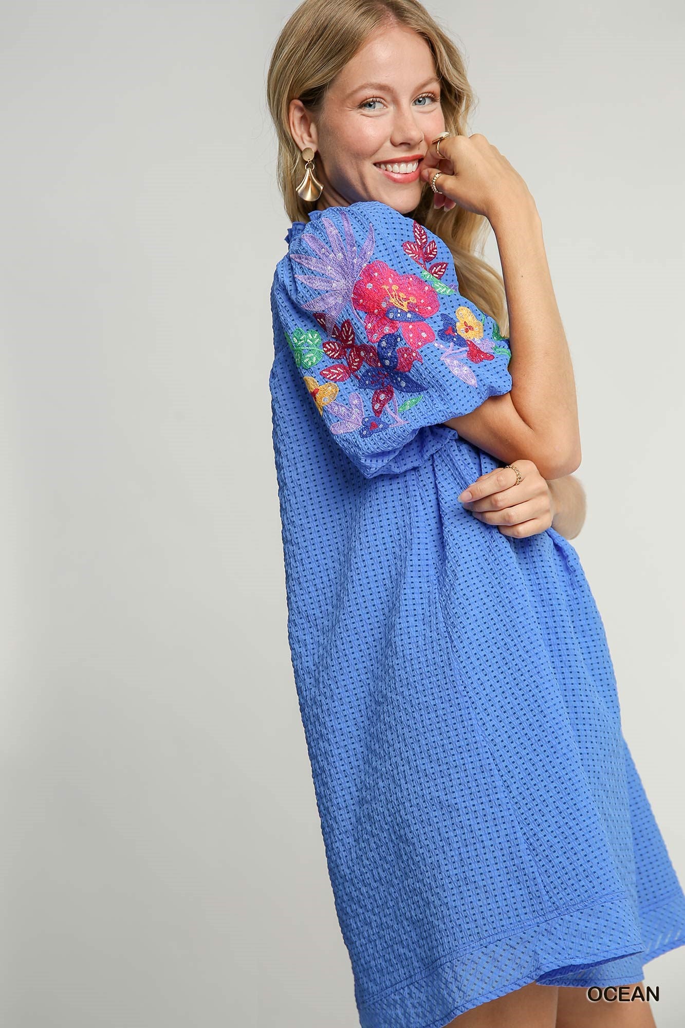 Elaina Embroidery Sleeve Dress Ocean