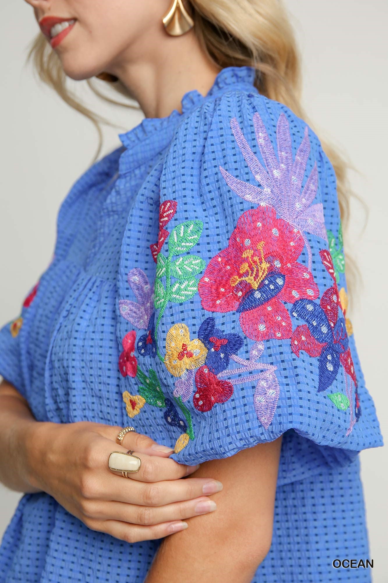 Elaina Embroidery Sleeve Dress Ocean