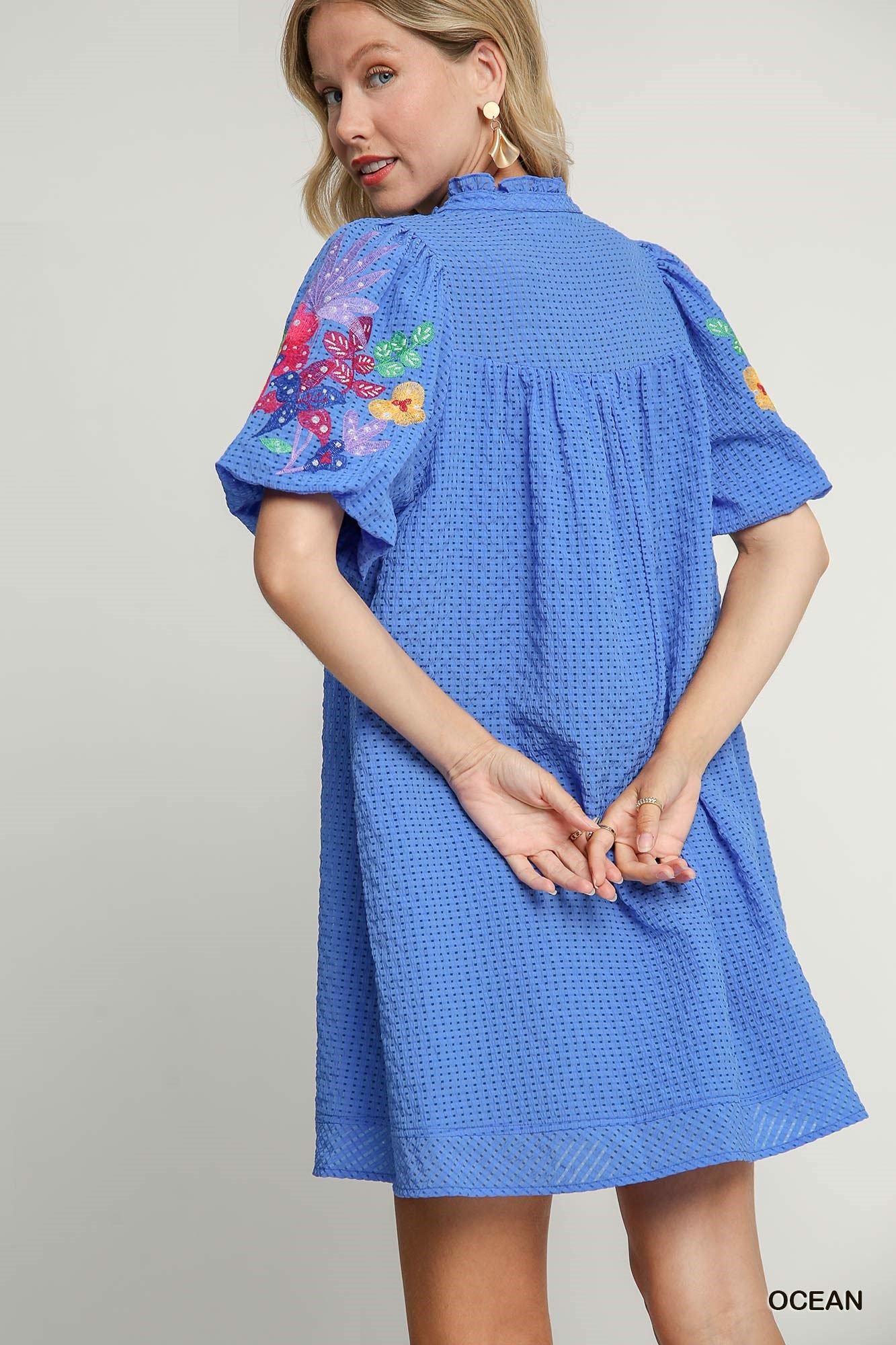 Elaina Embroidery Sleeve Dress Ocean