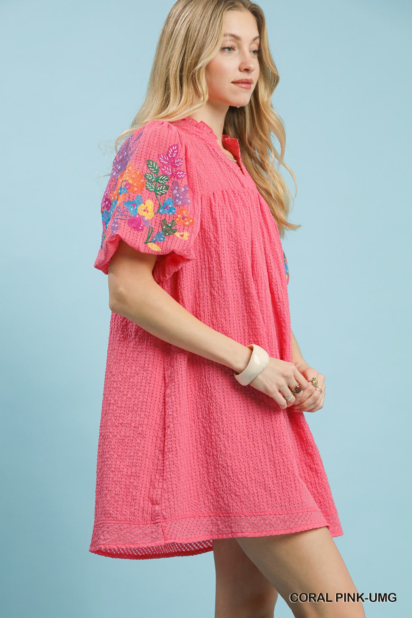 Elaina Embroidery Sleeve Dress Coral Pink