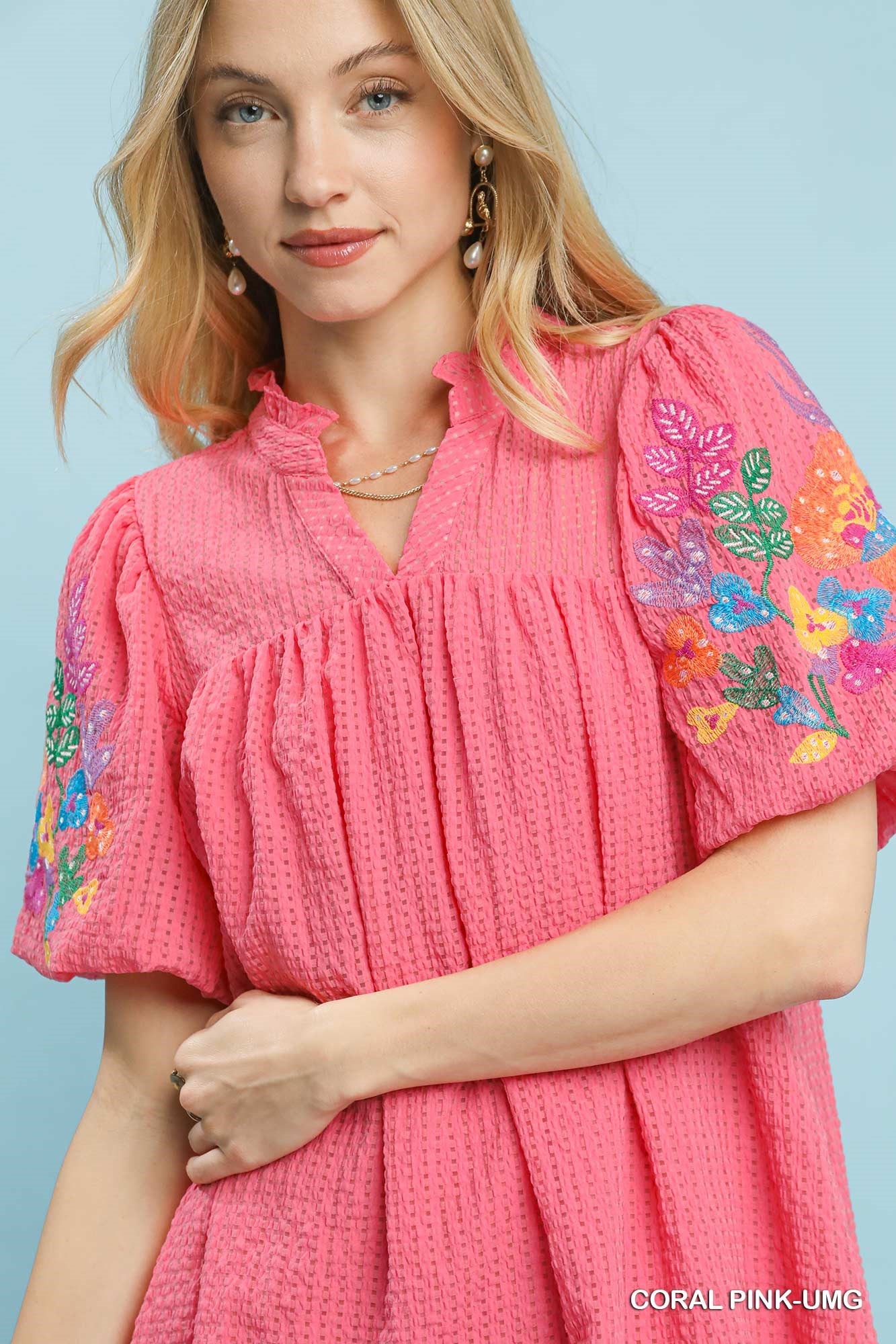 Elaina Embroidery Sleeve Dress Coral Pink