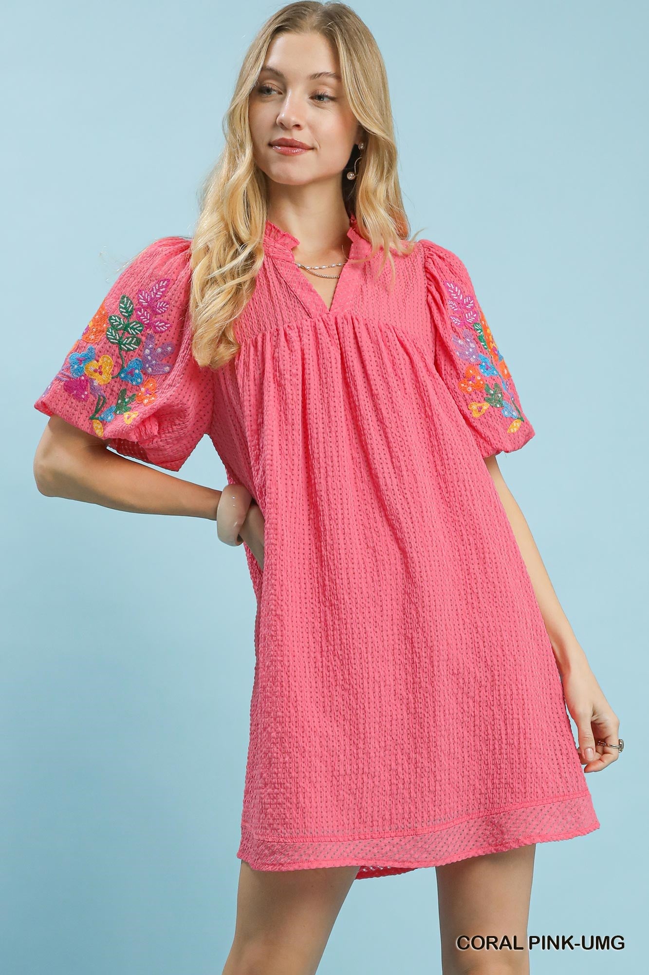 Elaina Embroidery Sleeve Dress Coral Pink