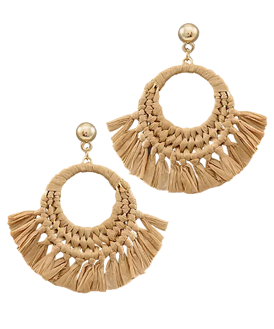 Raffia Circle Tassel Earrings Beige