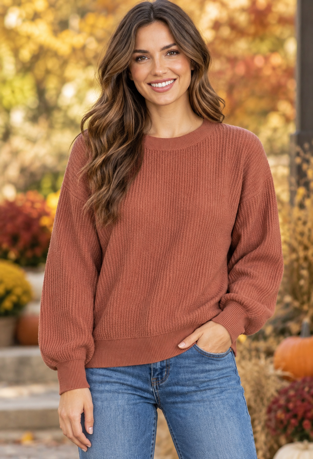 Vera Vertically Textured Balloon Sleeve Sweater Rust