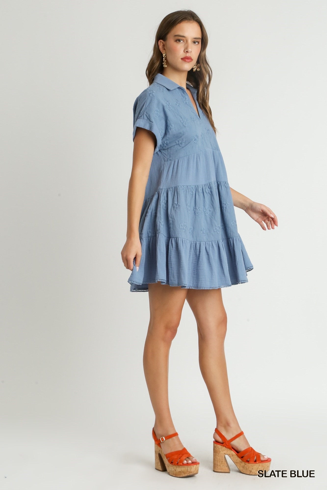 Lainey Eyelet Lace Tiered Dress-Slate Blue : Small