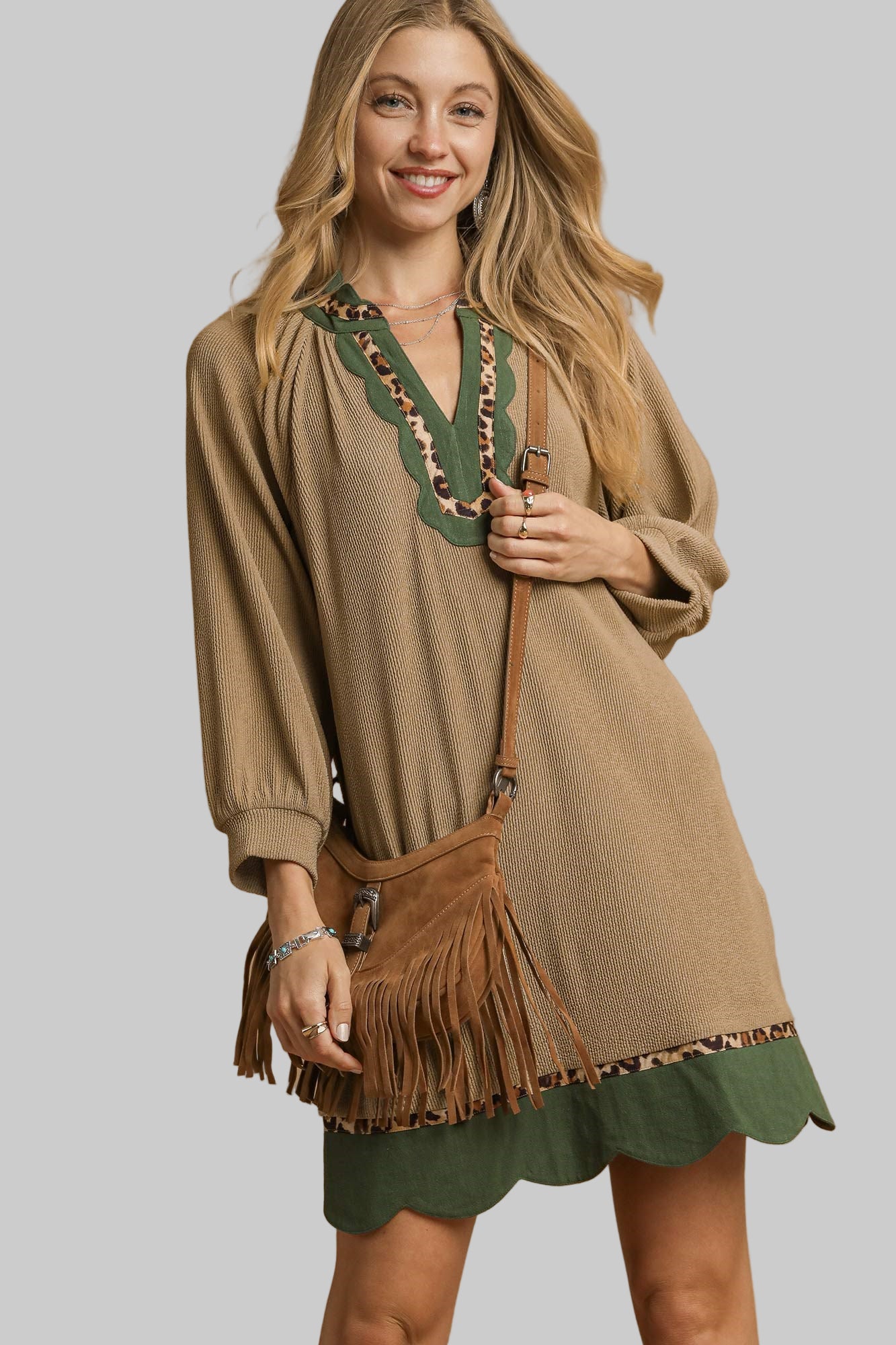 Linda Animal Print Contrast Trim Detail Dress Latte