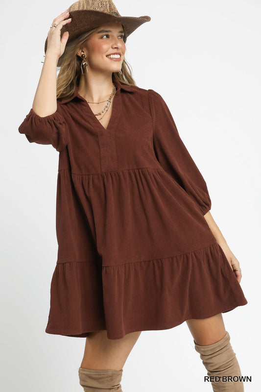 Teresa Tiered Corduroy Mini Dress Red Brown