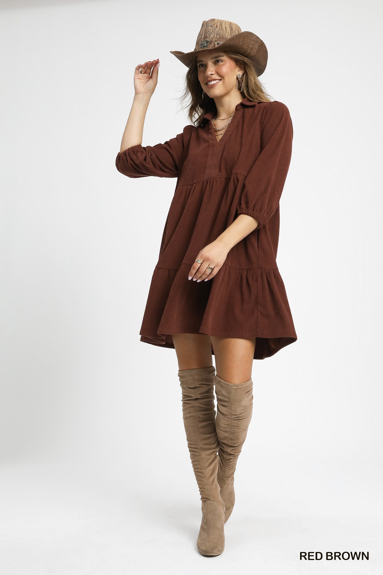 Teresa Tiered Corduroy Mini Dress Red Brown