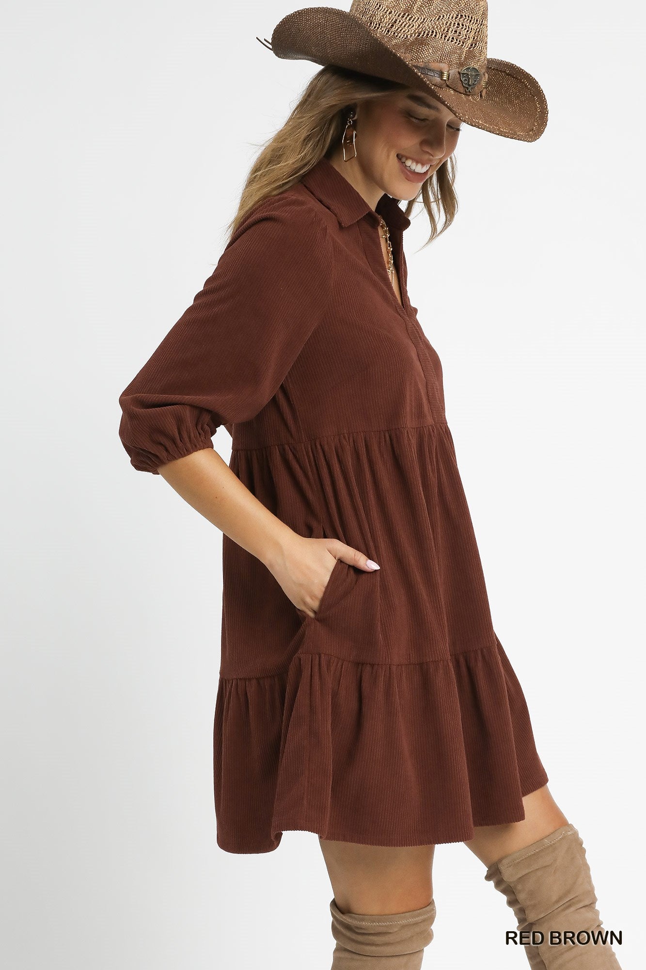 Teresa Tiered Corduroy Mini Dress Red Brown