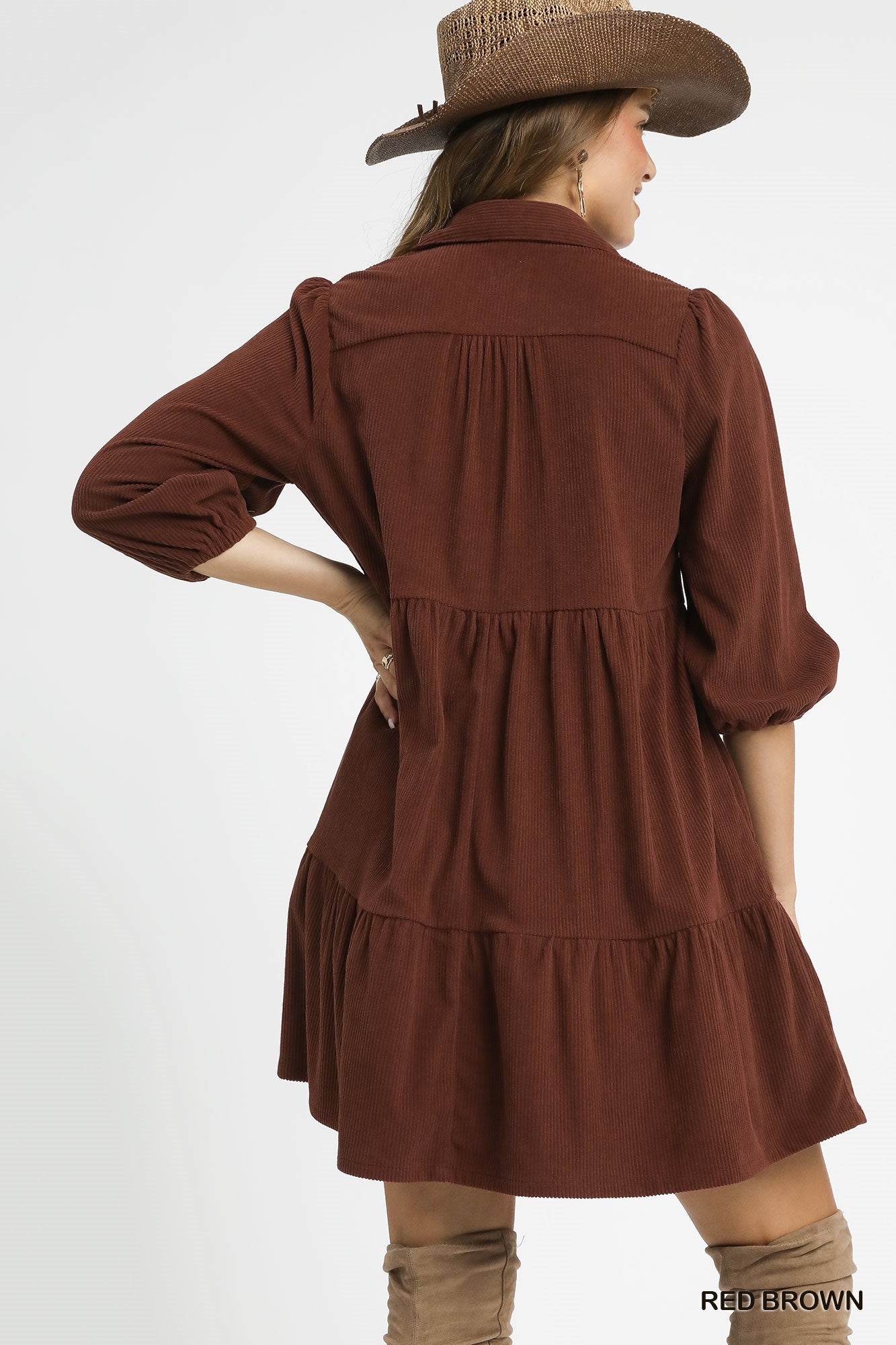 Teresa Tiered Corduroy Mini Dress Red Brown