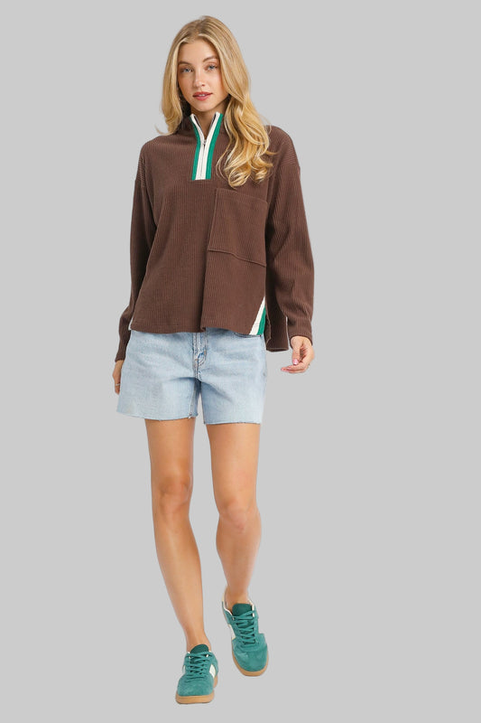 Marjorie Mock Neck Ribbed Pullover Chocolate