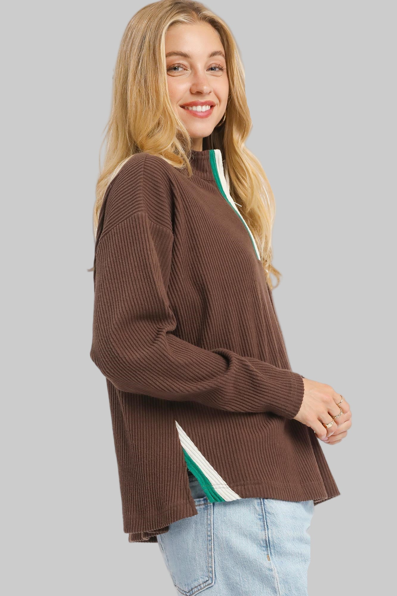 Marjorie Mock Neck Ribbed Pullover Chocolate