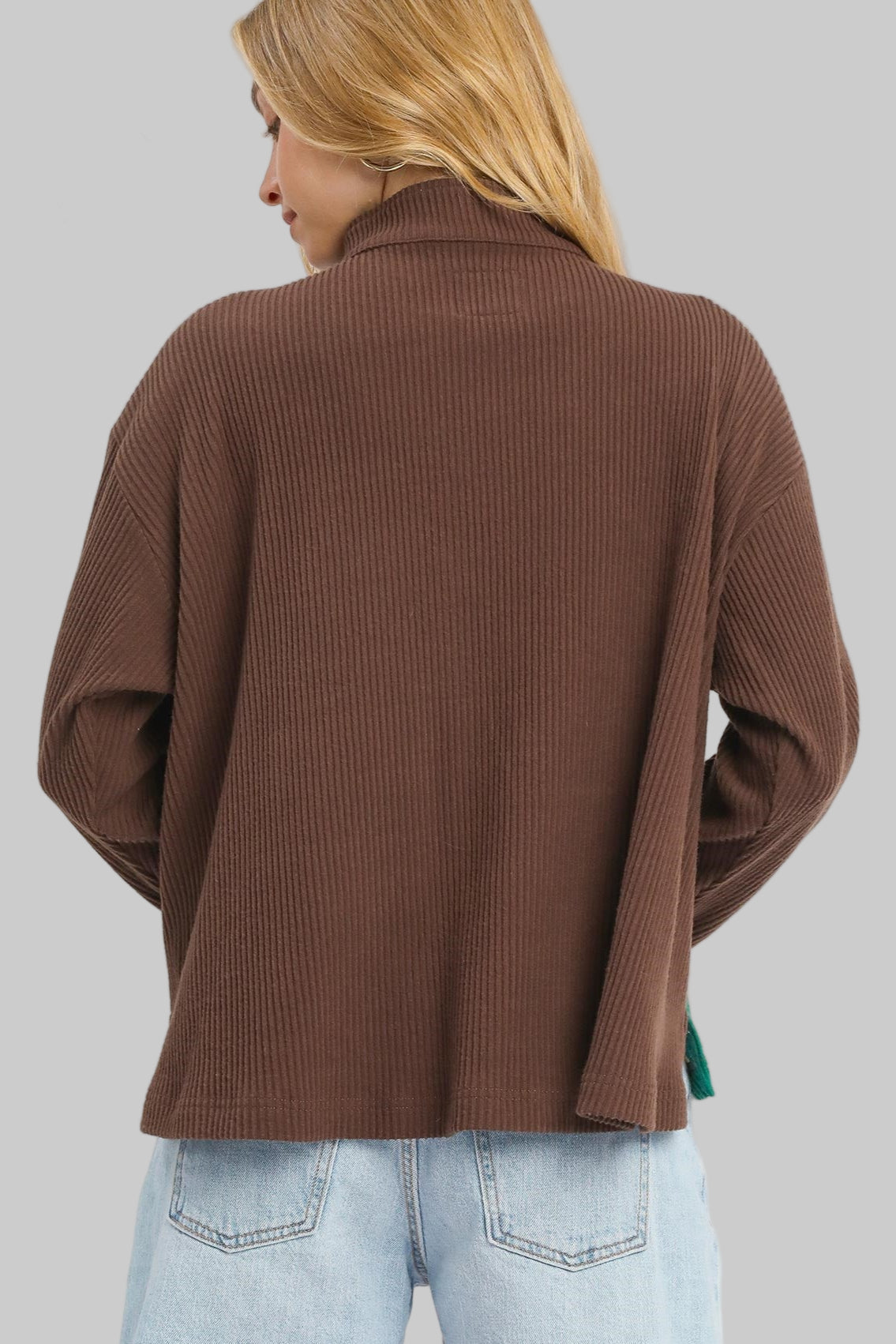 Marjorie Mock Neck Ribbed Pullover Chocolate