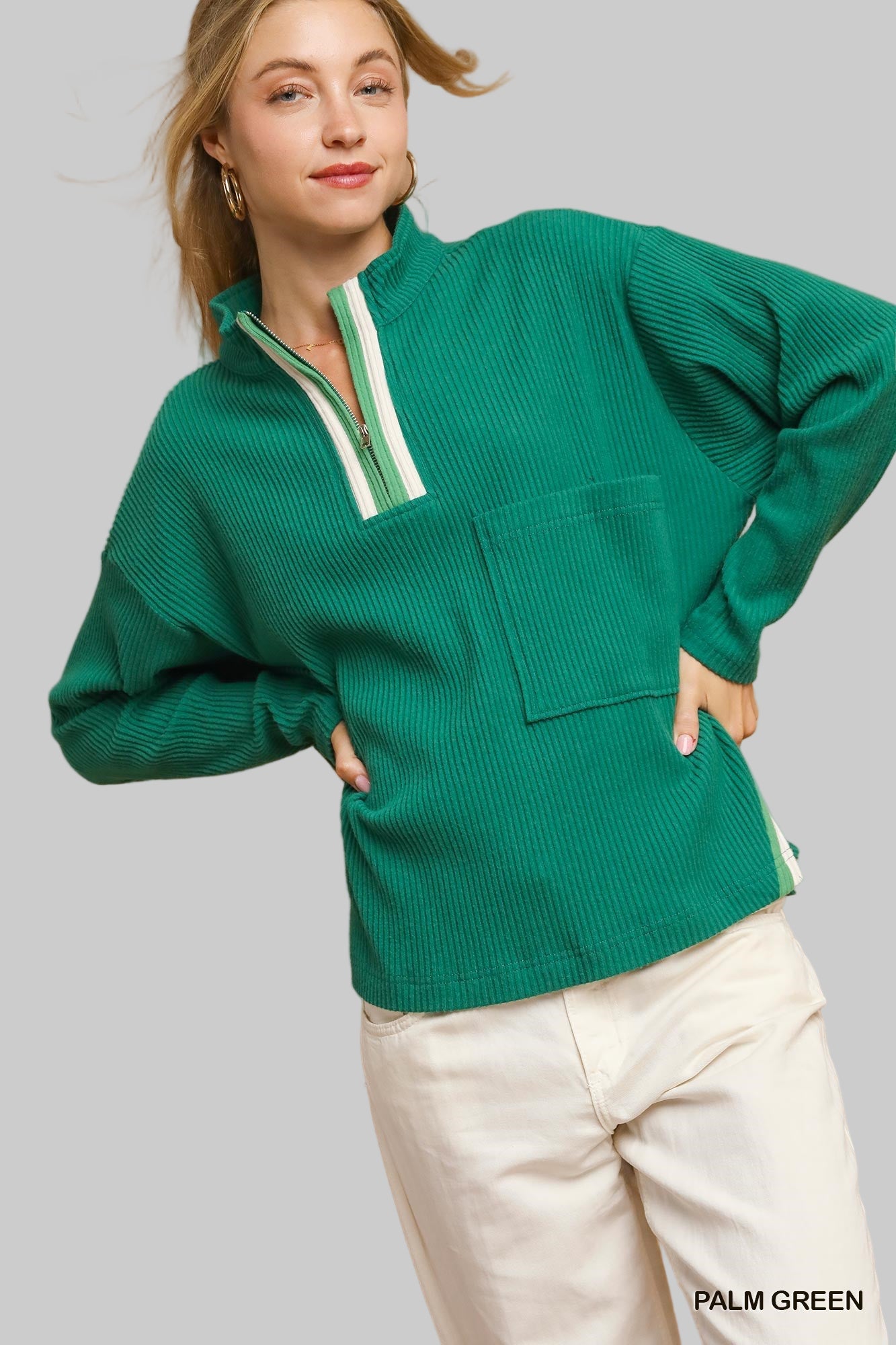 Marjorie Mock Neck Ribbed Pullover Palm Green