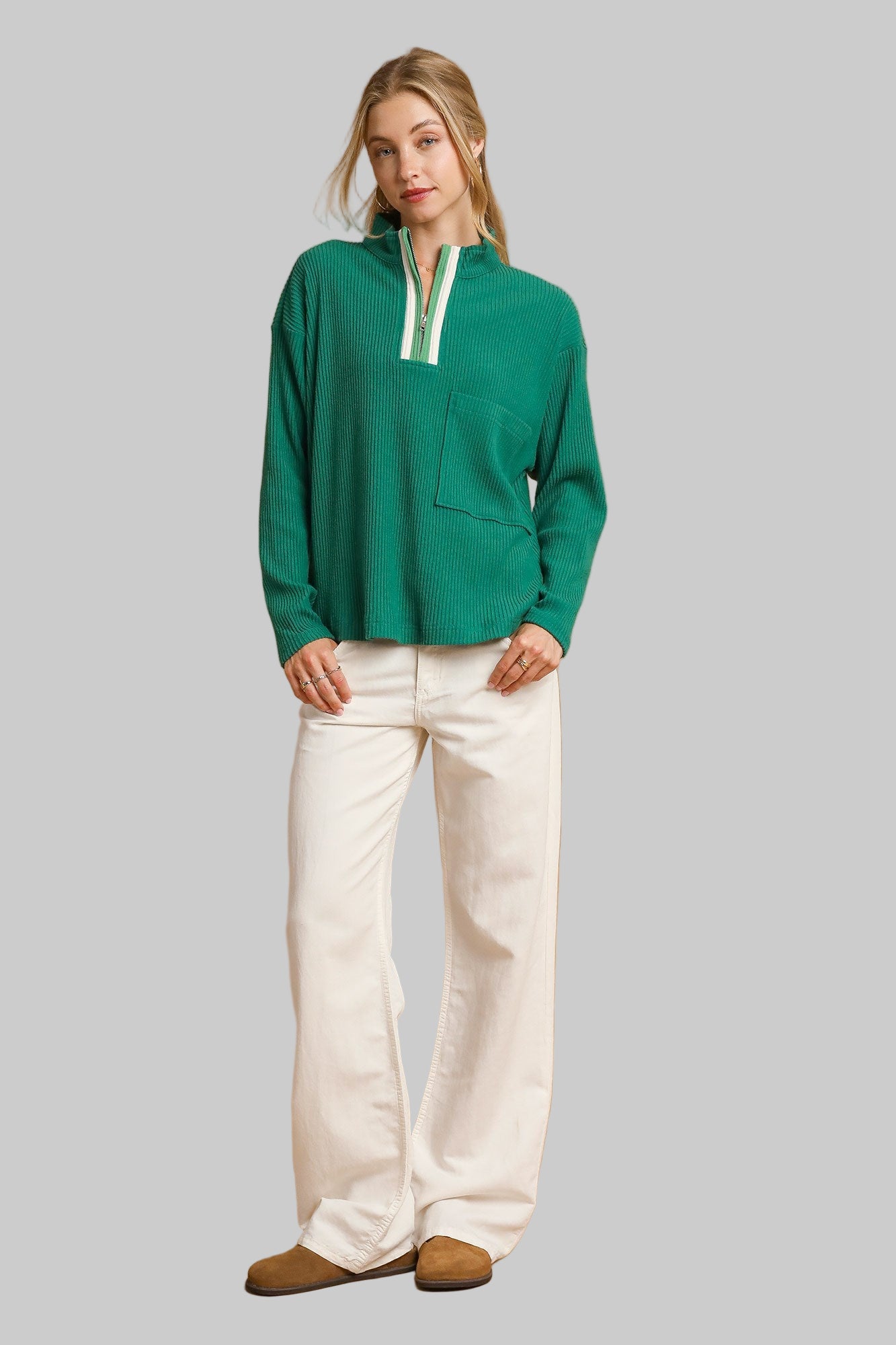 Marjorie Mock Neck Ribbed Pullover Palm Green