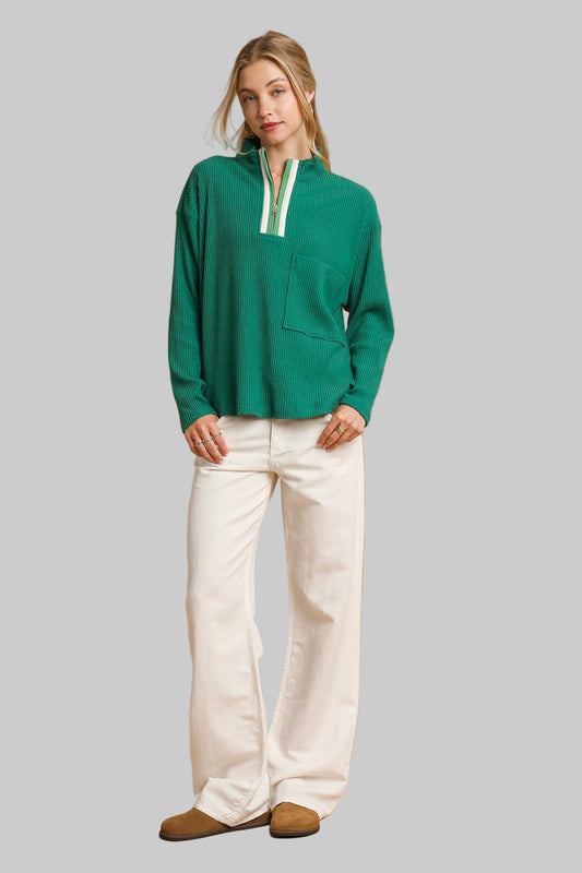 Marjorie Mock Neck Ribbed Pullover Palm Green