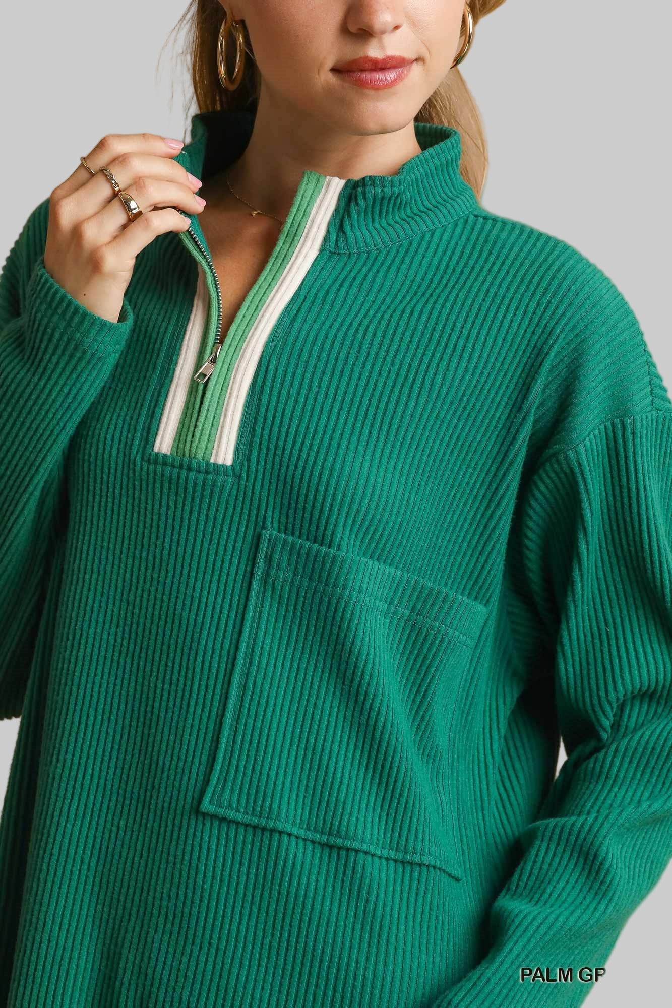 Marjorie Mock Neck Ribbed Pullover Palm Green