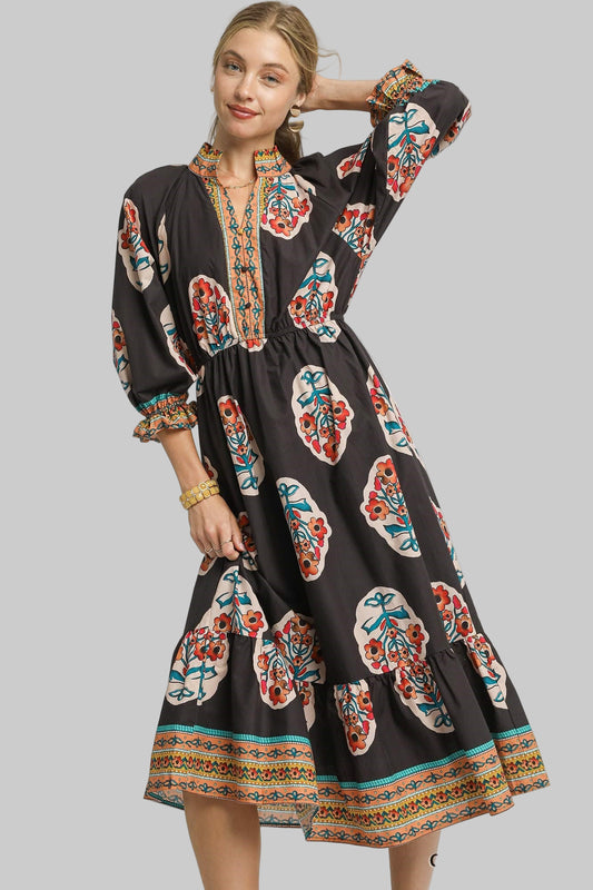 Faith Flower Patch Border Print V Neck Midi Dress Chocolate