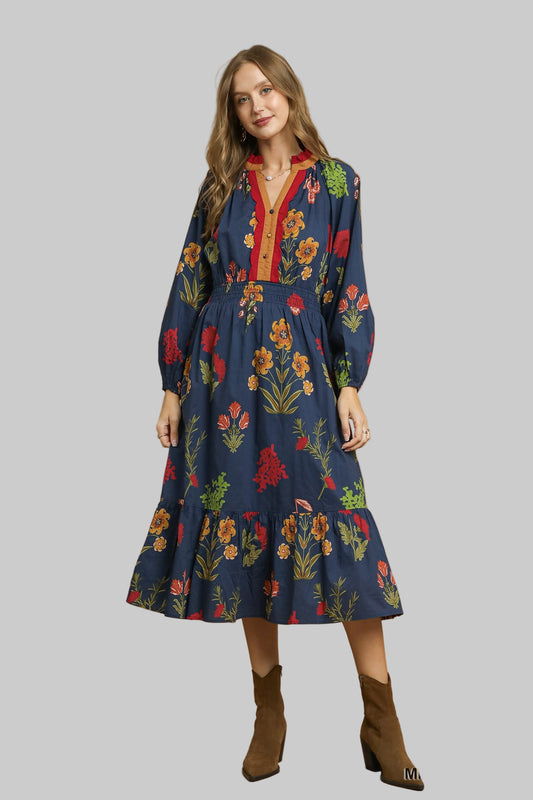Madison Mix Floral Midi Dress Midnight