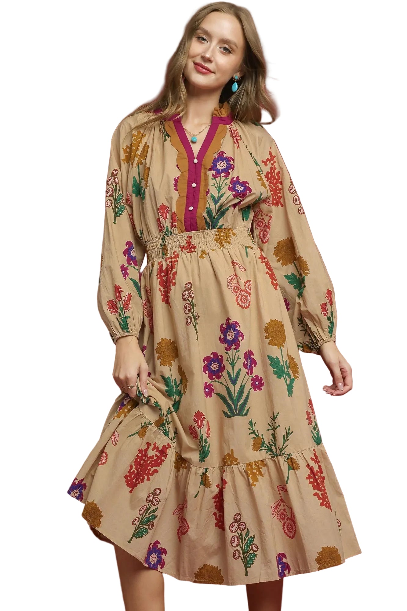 Madison Mix Floral Midi Dress Tan