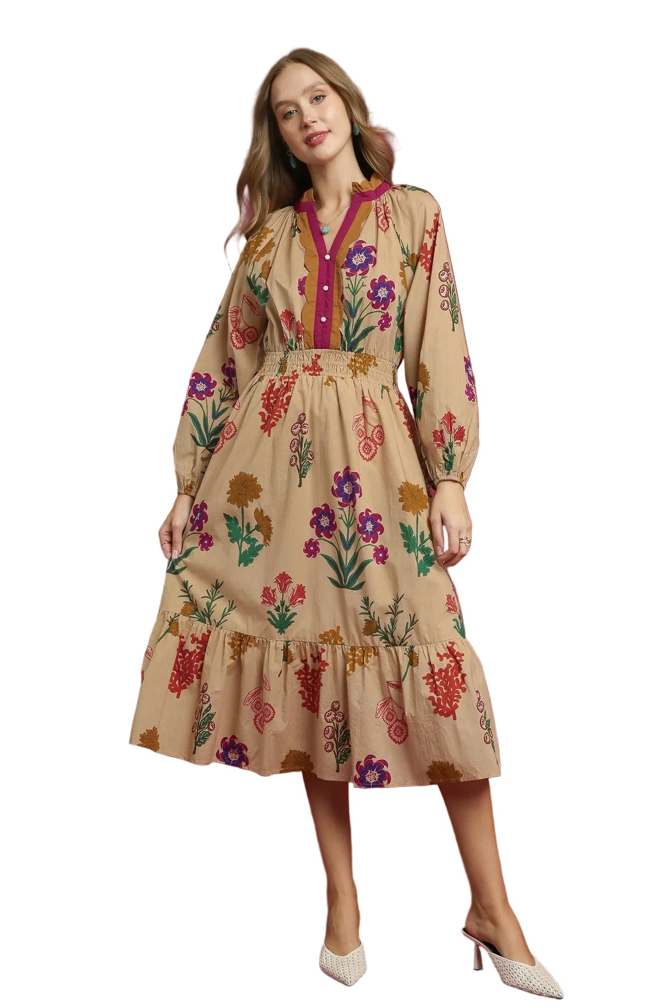 Madison Mix Floral Midi Dress Tan