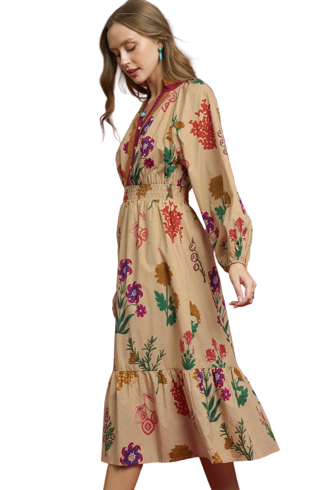 Madison Mix Floral Midi Dress Tan
