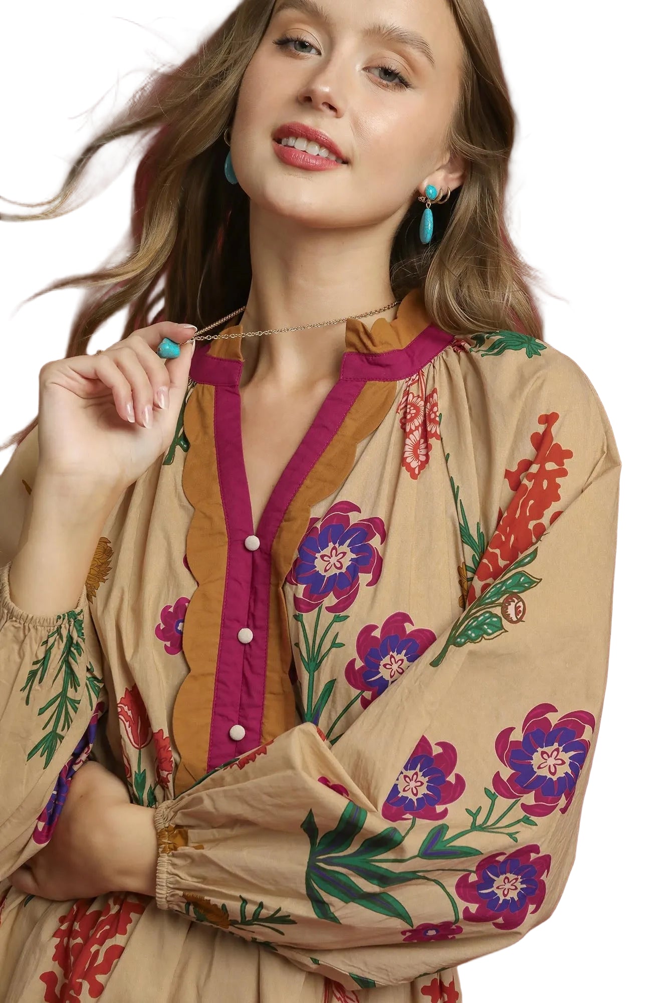 Madison Mix Floral Midi Dress Tan