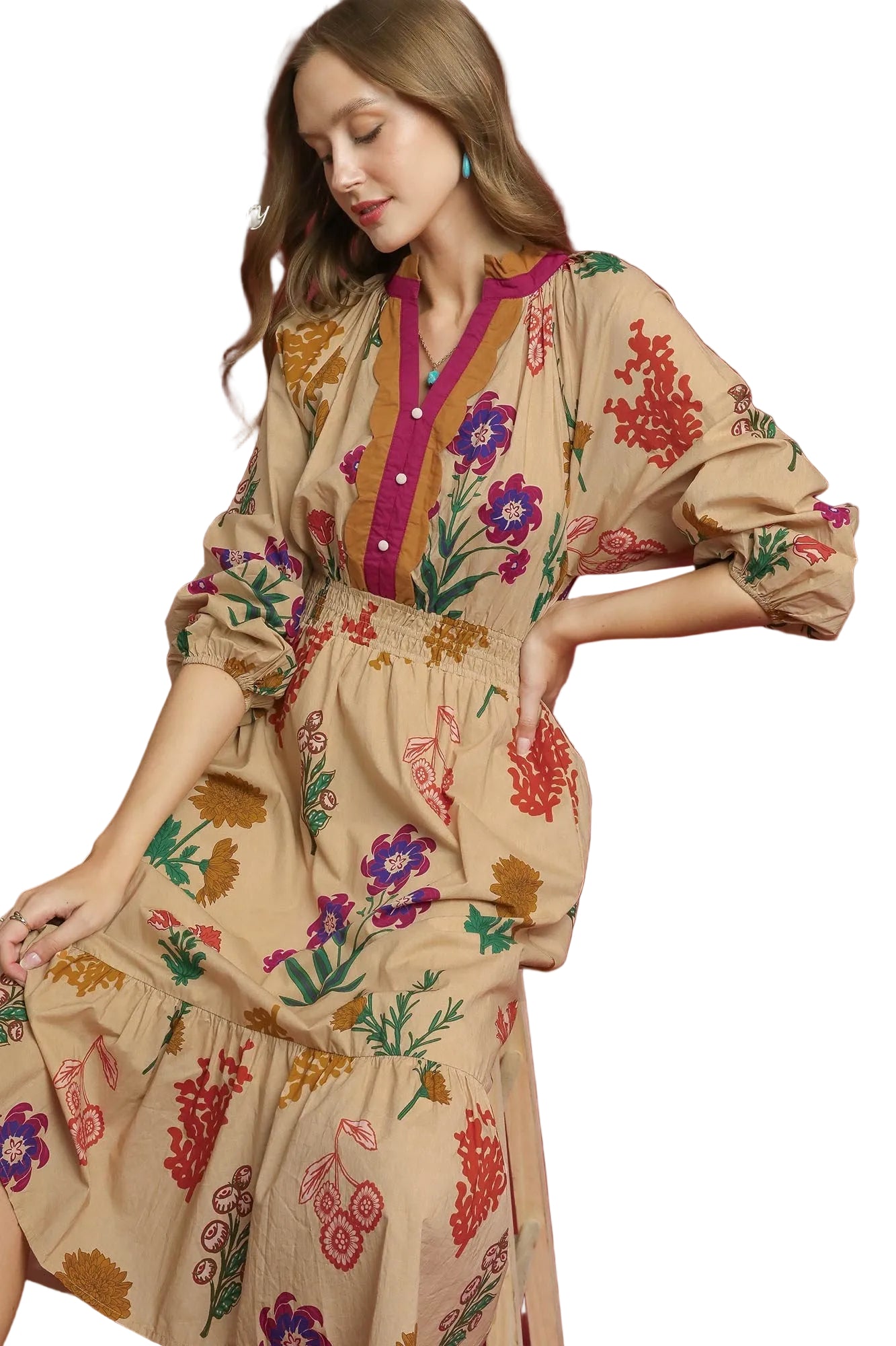 Madison Mix Floral Midi Dress Tan
