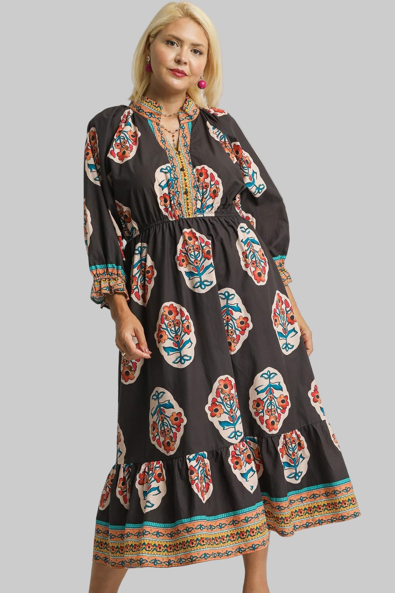 Faith Flower Patch Border Print V Neck Midi Dress Chocolate