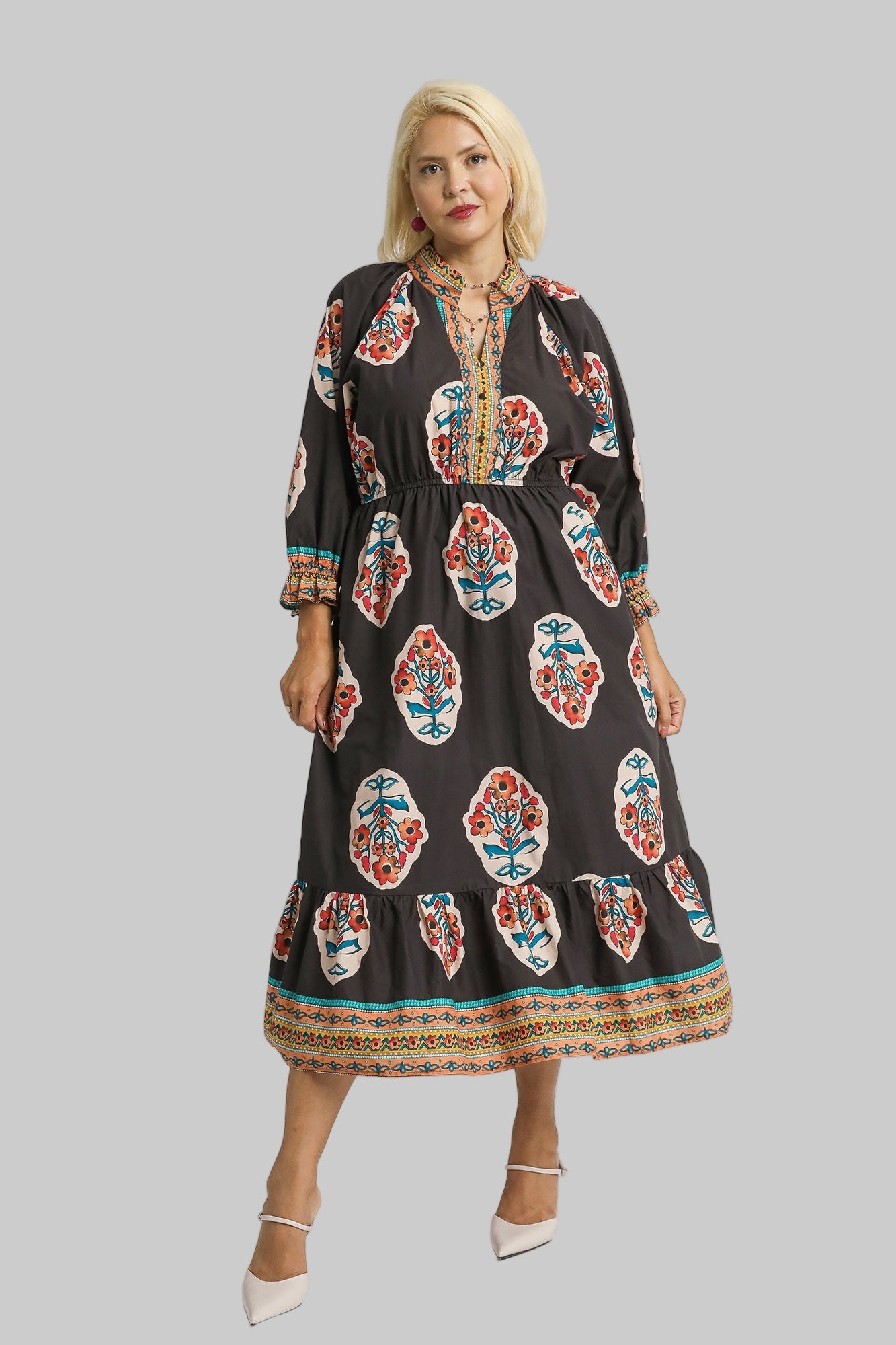 Faith Flower Patch Border Print V Neck Midi Dress Chocolate