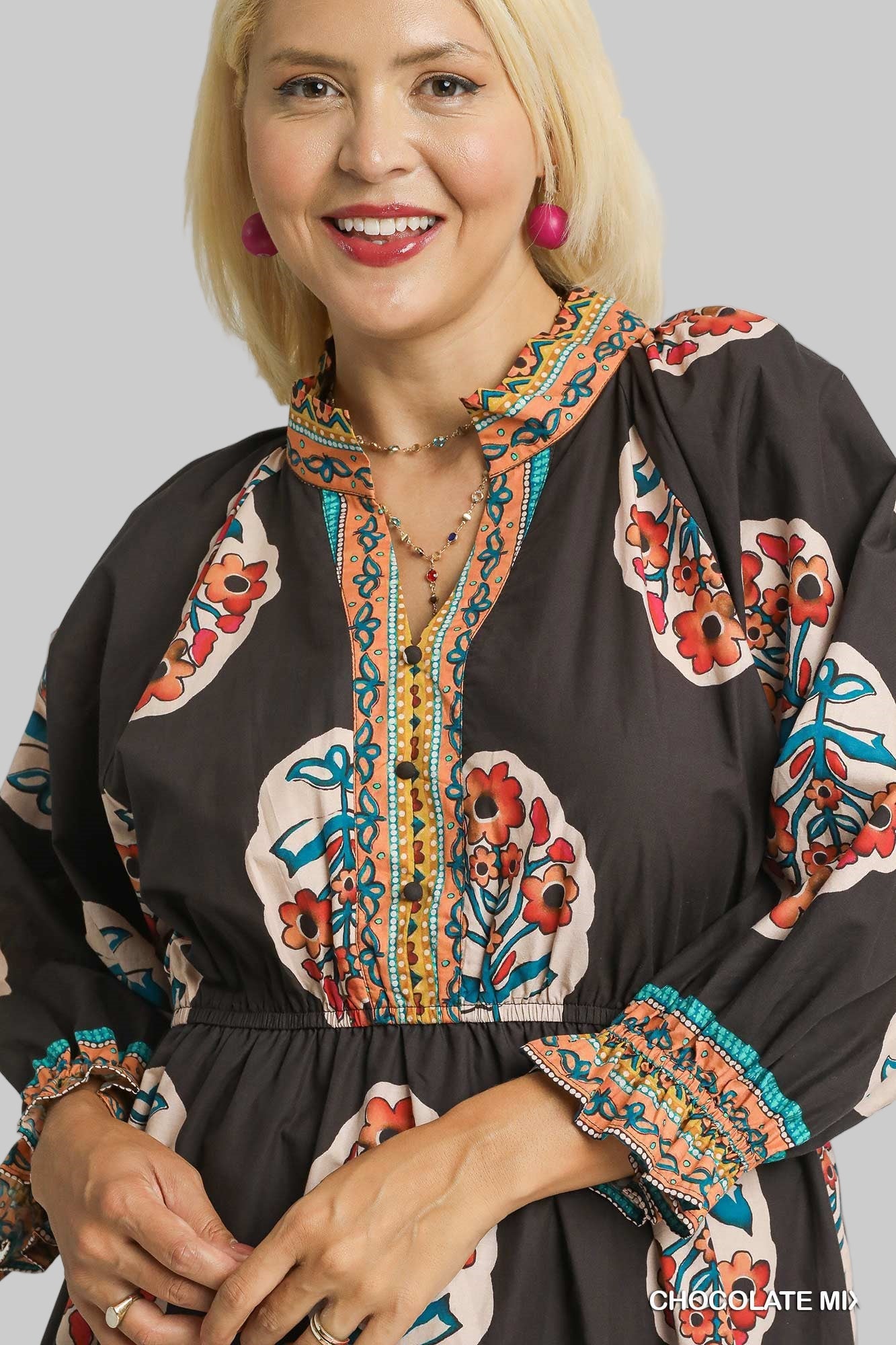 Faith Flower Patch Border Print V Neck Midi Dress Chocolate
