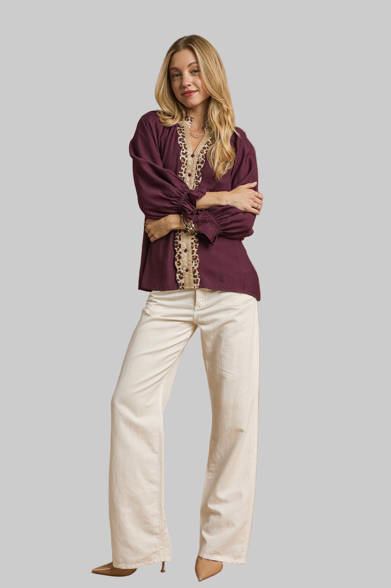 Lainey Leopard Trim Button Front Blouse Plum