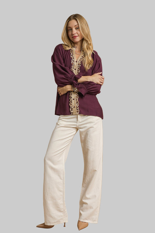 Lainey Leopard Trim Button Front Blouse Plum