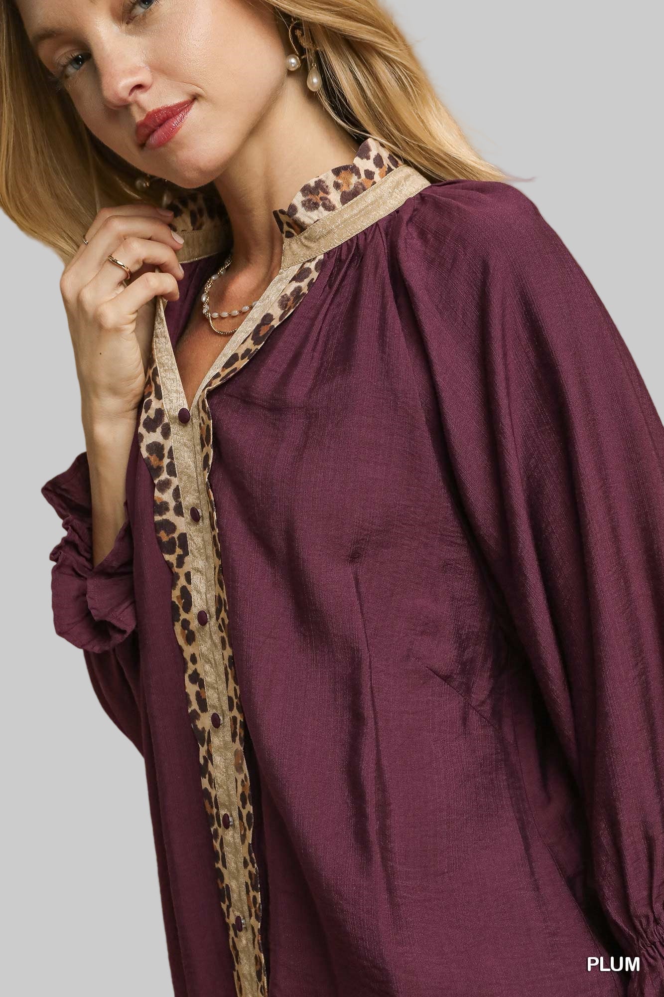 Lainey Leopard Trim Button Front Blouse Plum