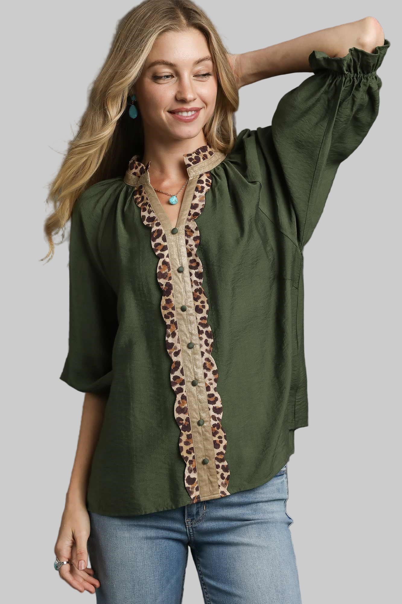 Lainey Leopard Trim Button Front Blouse Olive