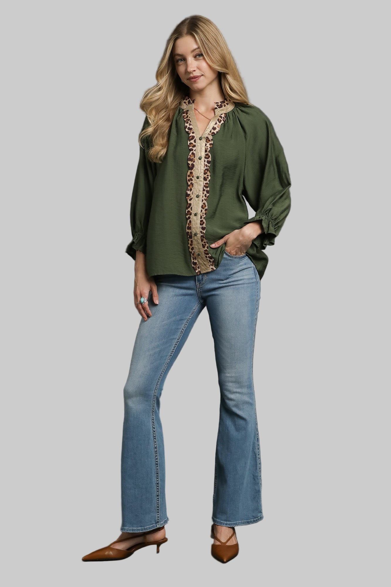 Lainey Leopard Trim Button Front Blouse Olive