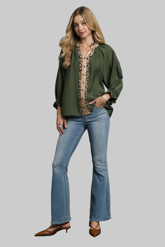 Lainey Leopard Trim Button Front Blouse Olive