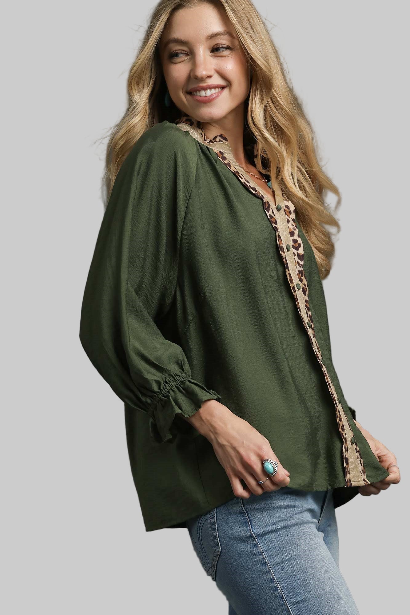 Lainey Leopard Trim Button Front Blouse Olive