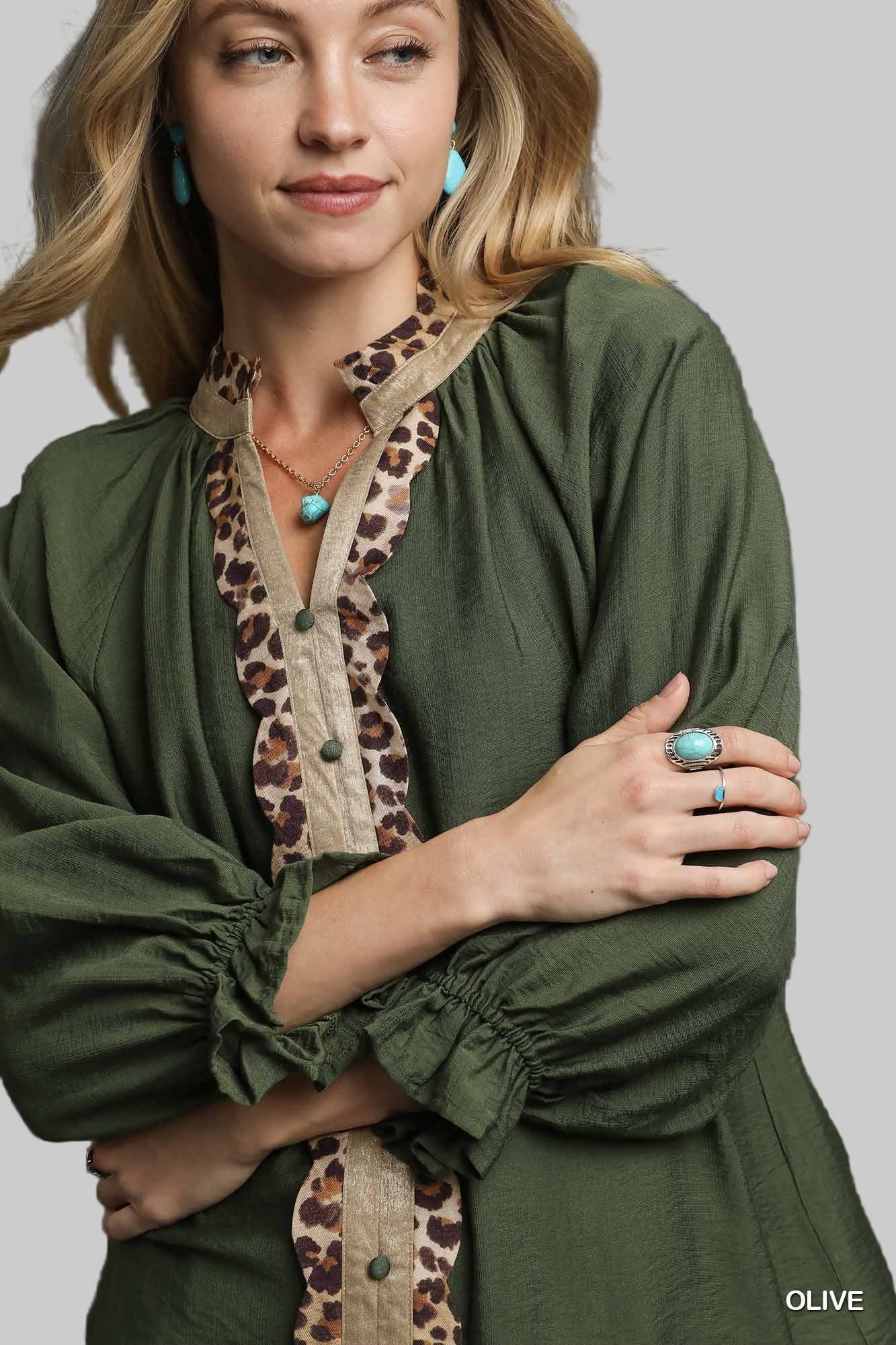 Lainey Leopard Trim Button Front Blouse Olive