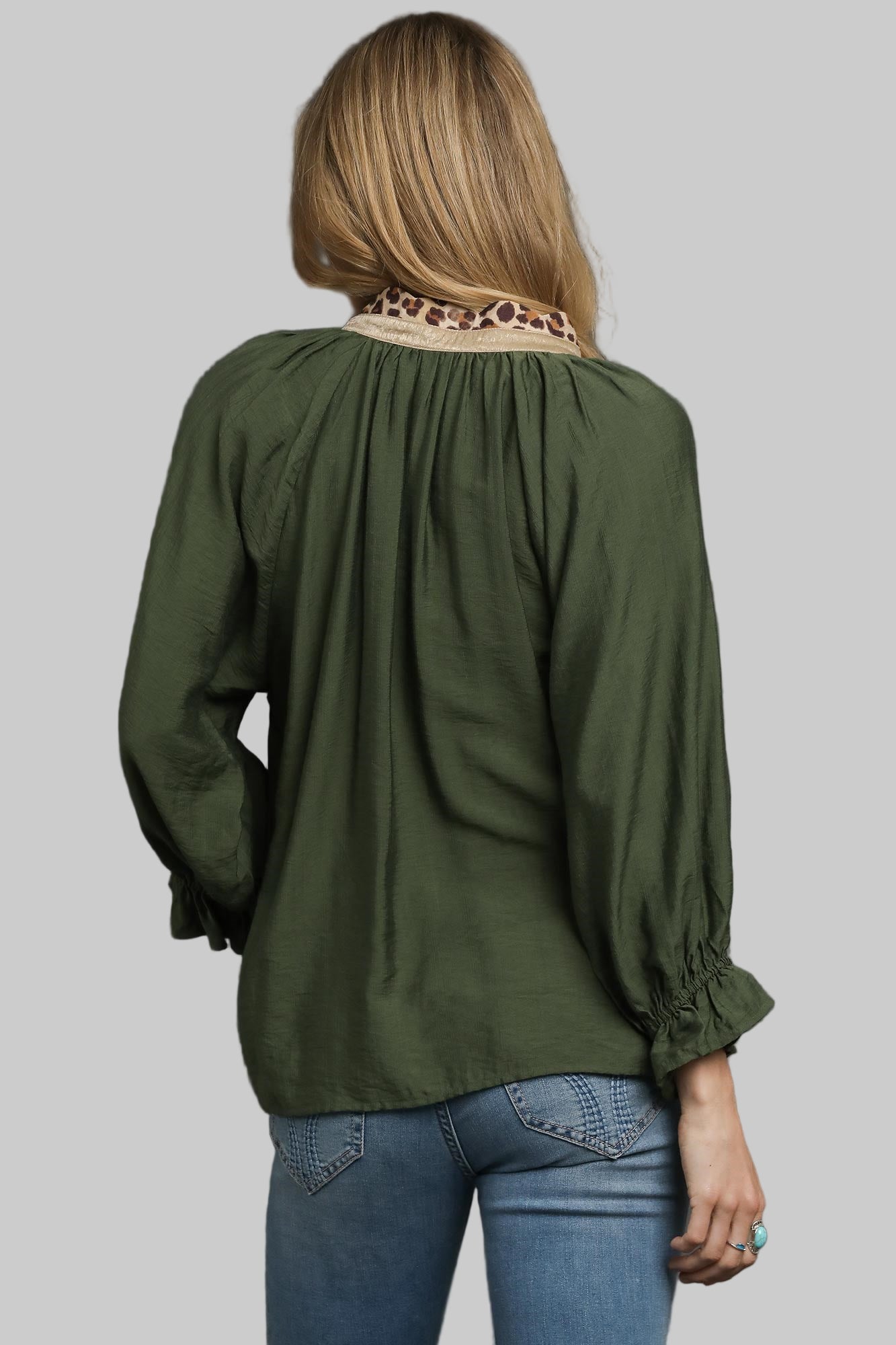 Lainey Leopard Trim Button Front Blouse Olive