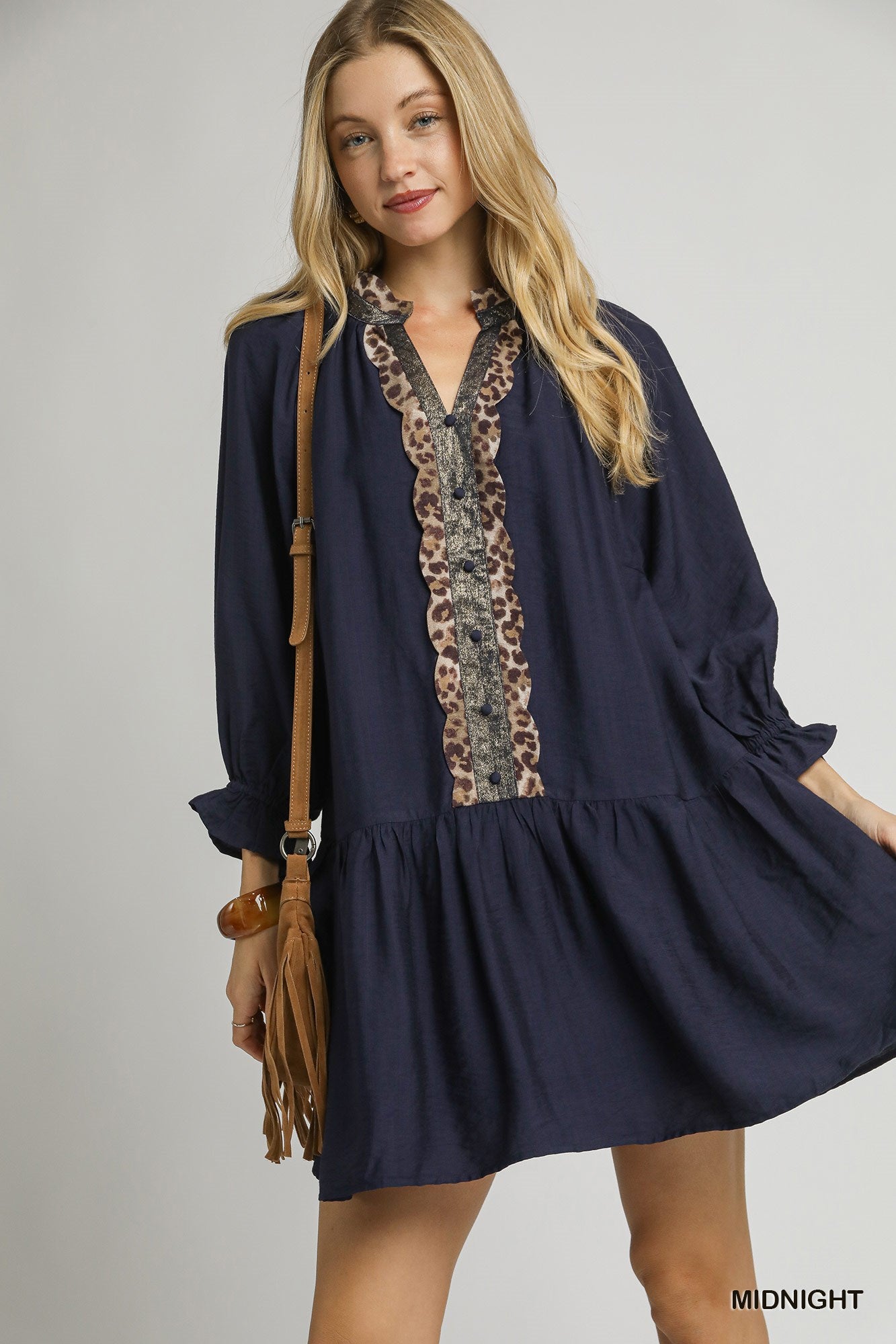 Tabitha Tiered Leopard Trim Tunic Dress Midnight