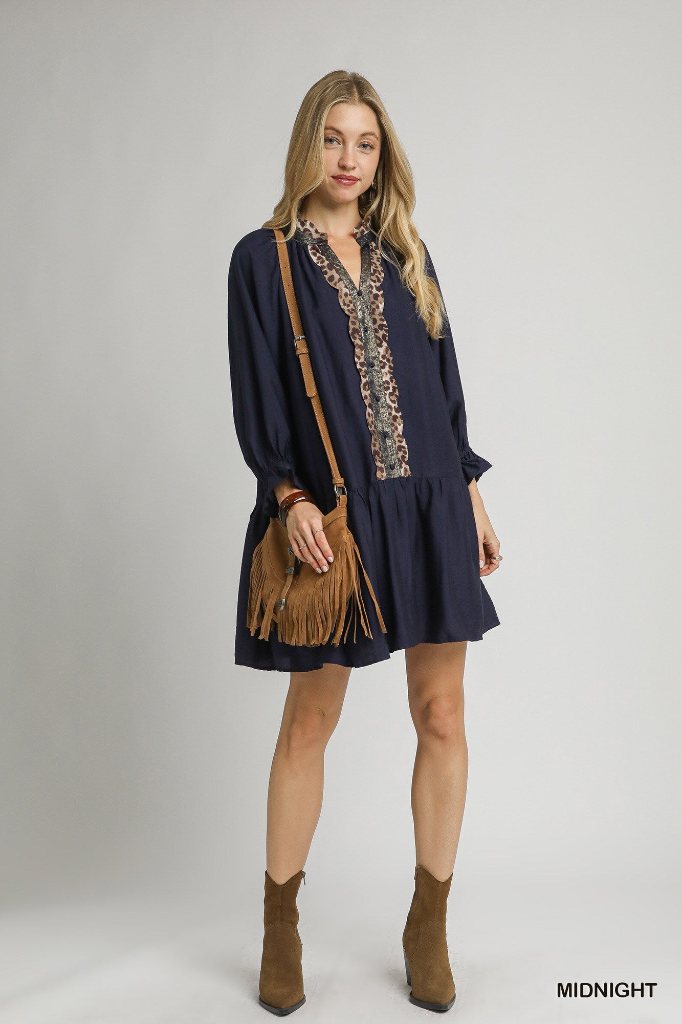 Tabitha Tiered Leopard Trim Tunic Dress Midnight