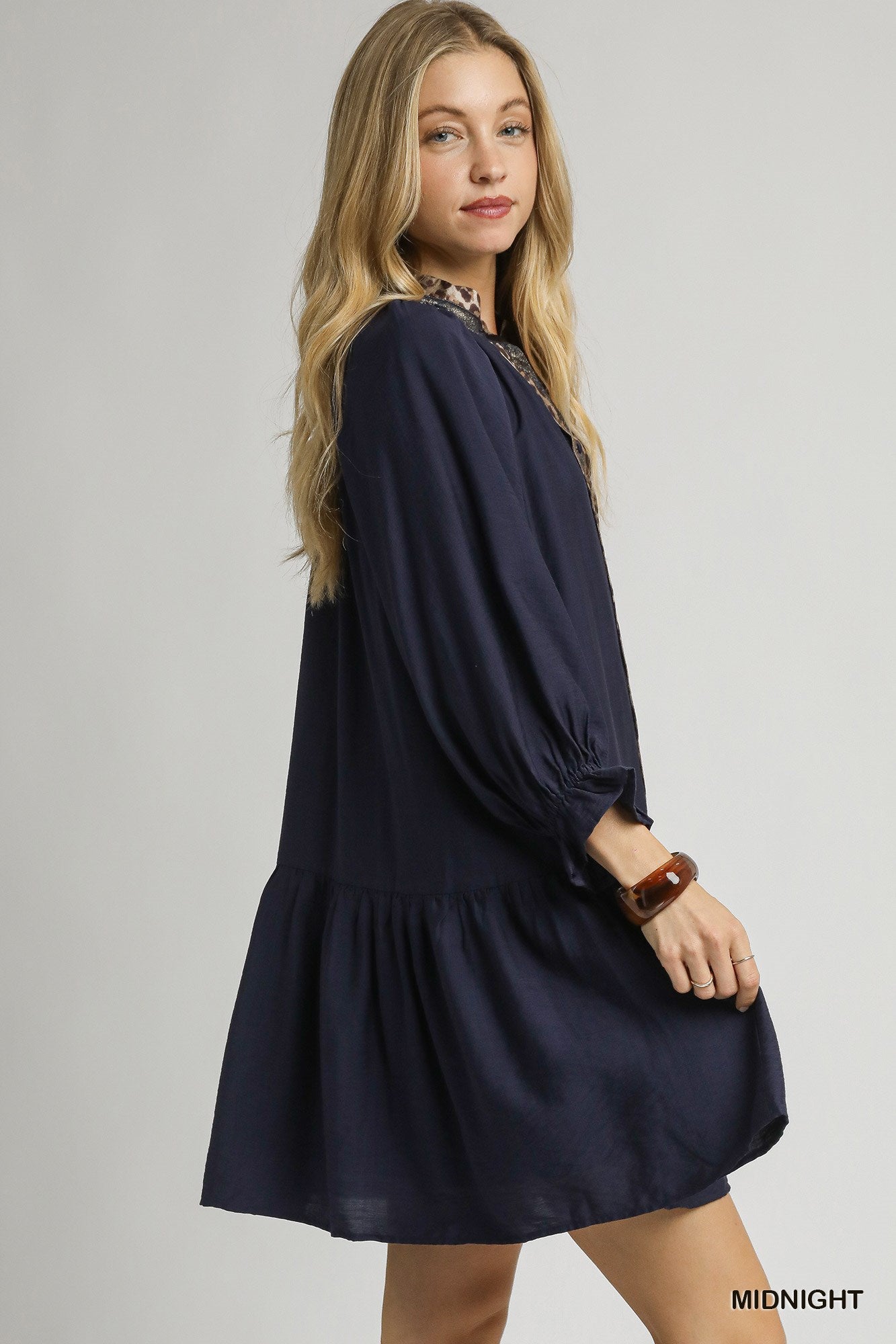 Tabitha Tiered Leopard Trim Tunic Dress Midnight