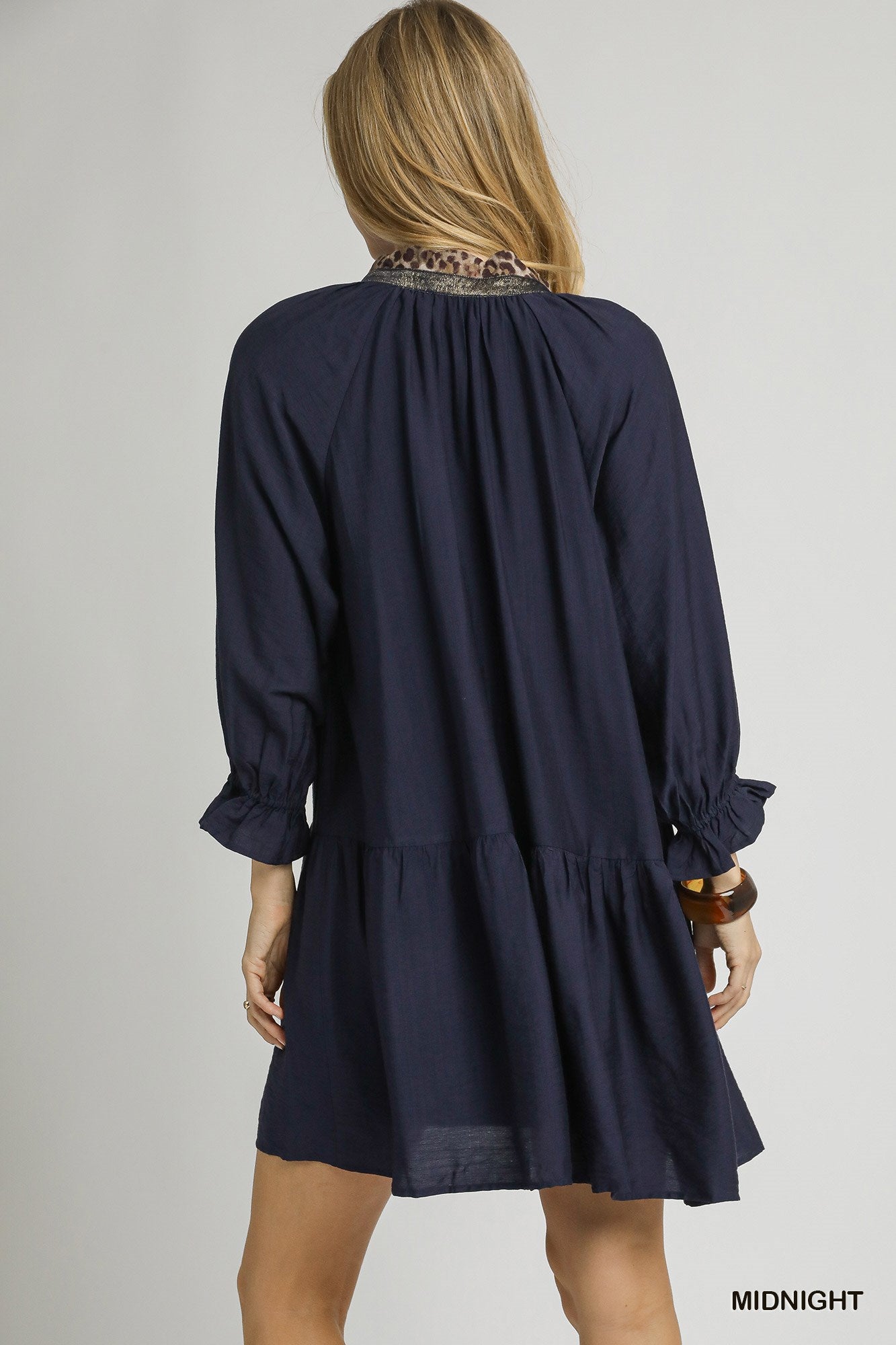 Tabitha Tiered Leopard Trim Tunic Dress Midnight