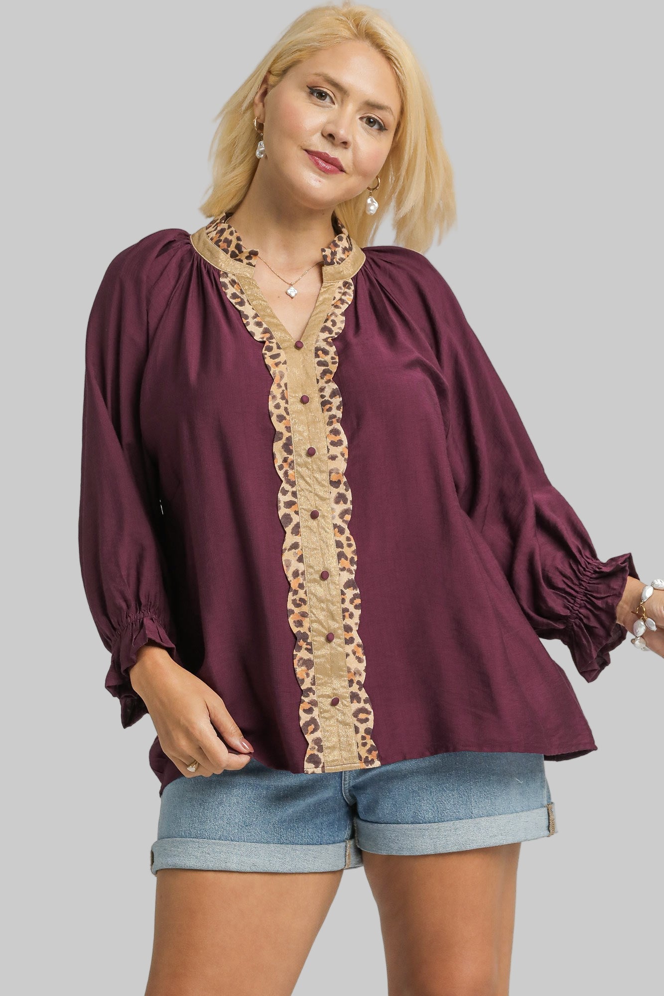 Lainey Leopard Trim Button Front Blouse Plum