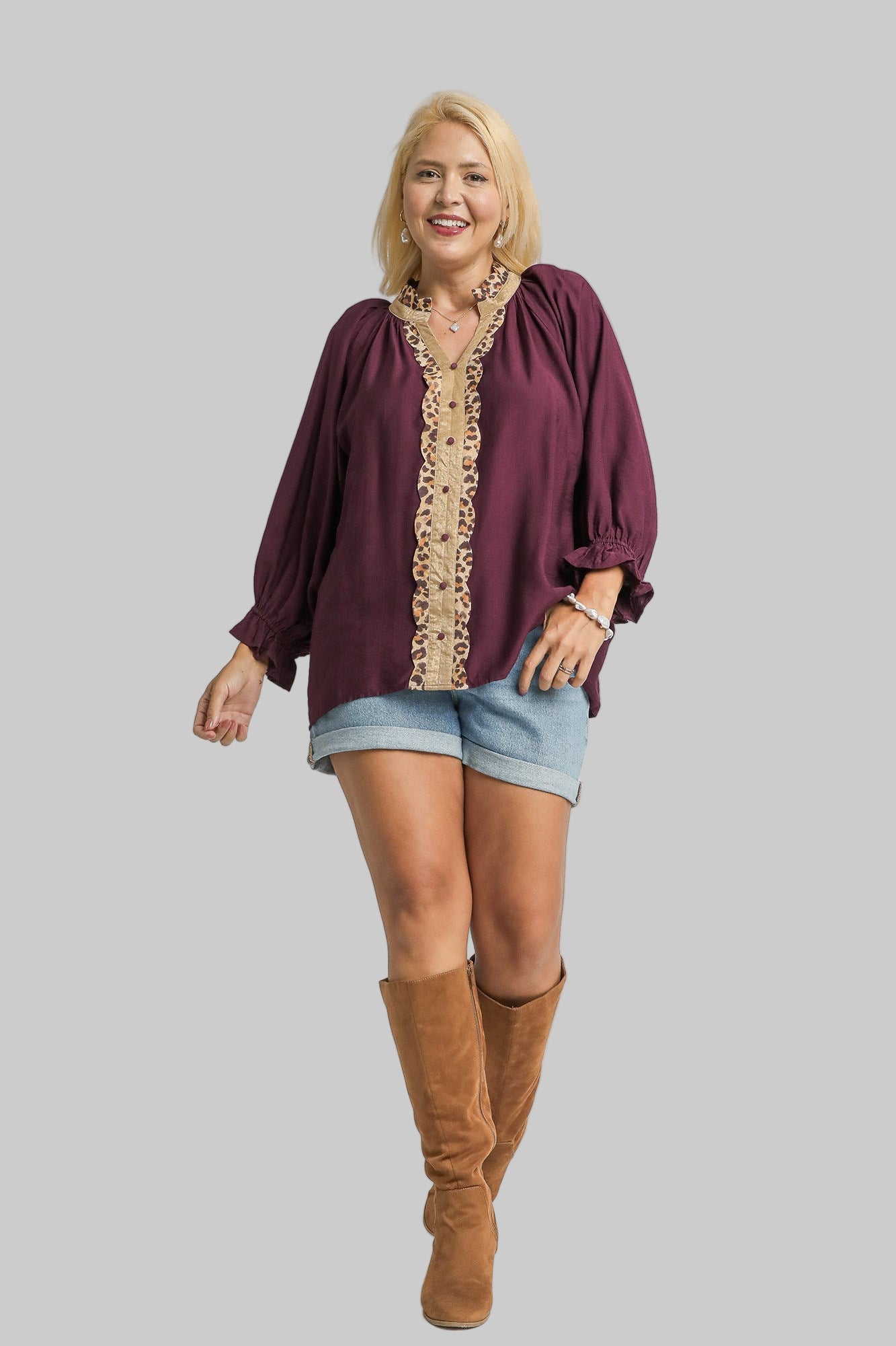 Lainey Leopard Trim Button Front Blouse Plum