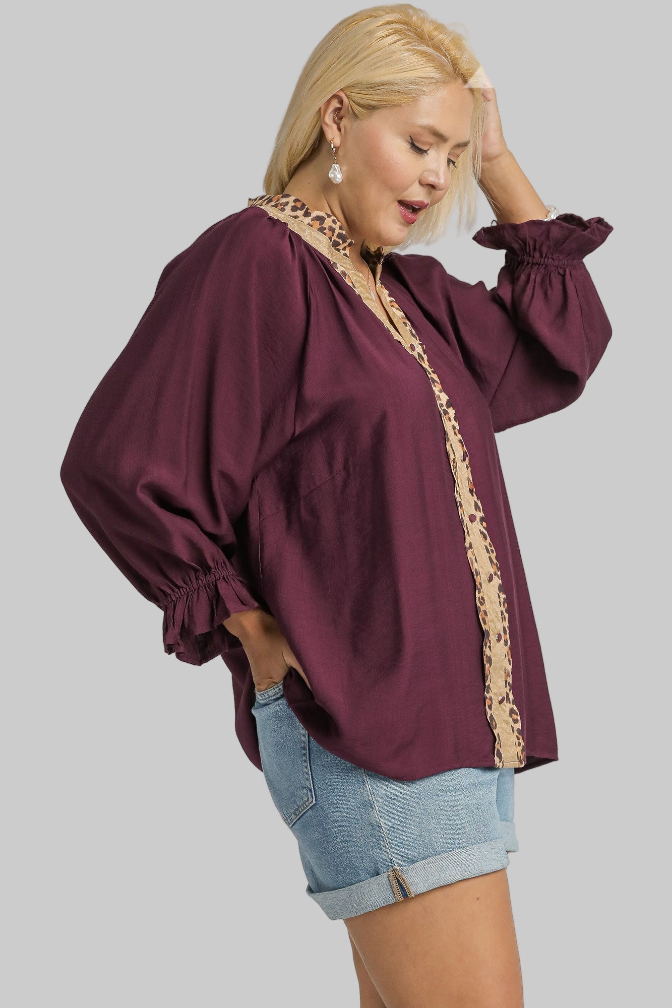 Lainey Leopard Trim Button Front Blouse Plum