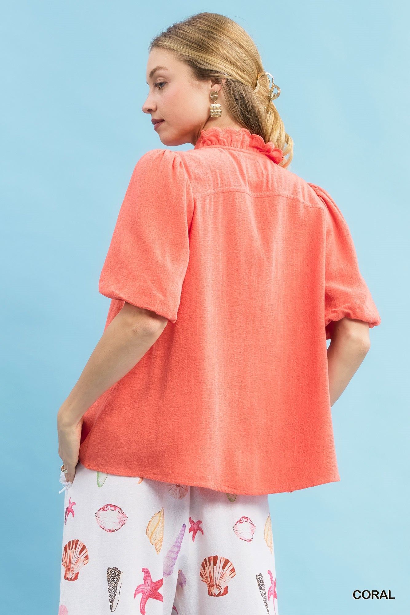 Laura Linen Scallop V Neck Top Coral