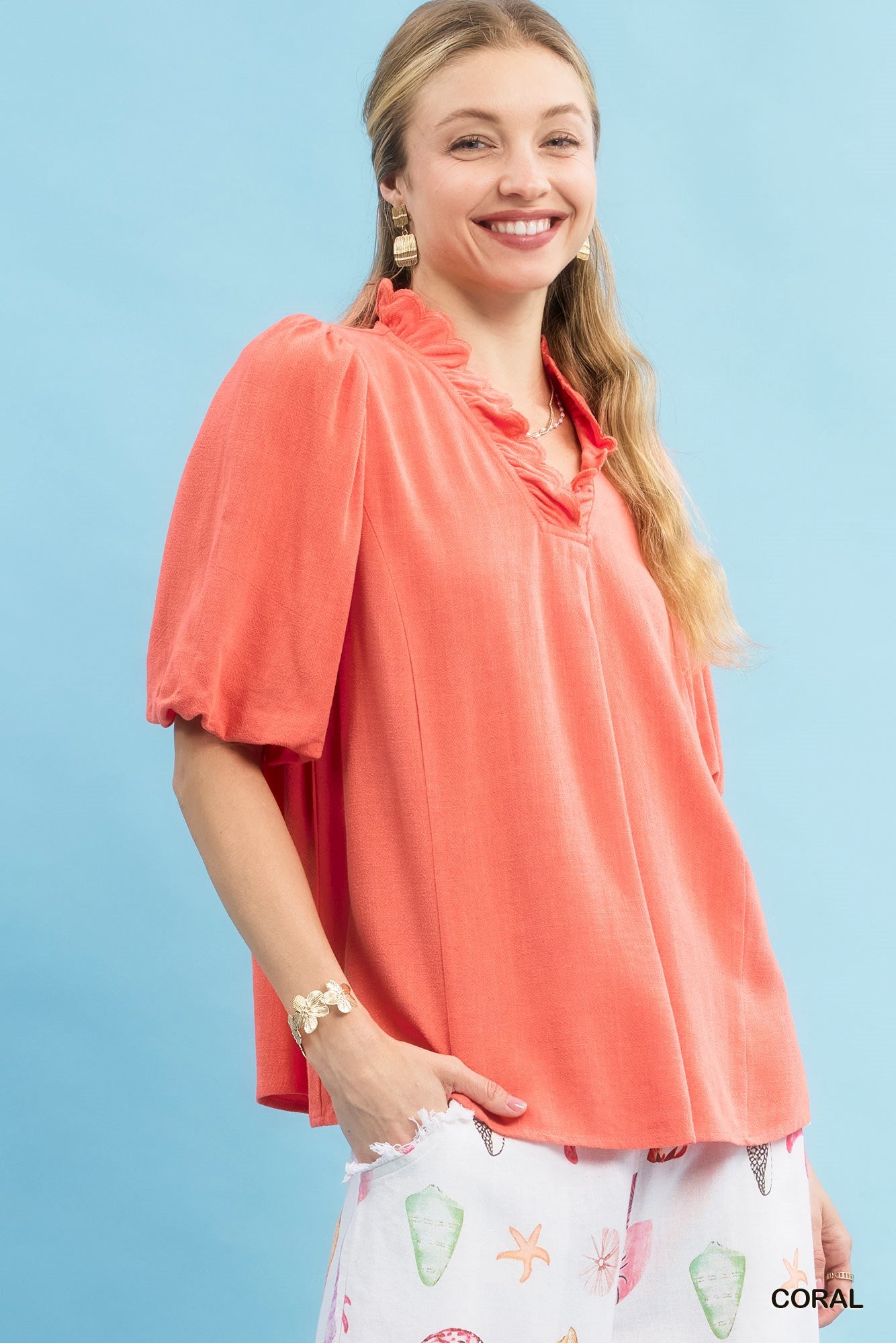 Laura Linen Scallop V Neck Top Coral