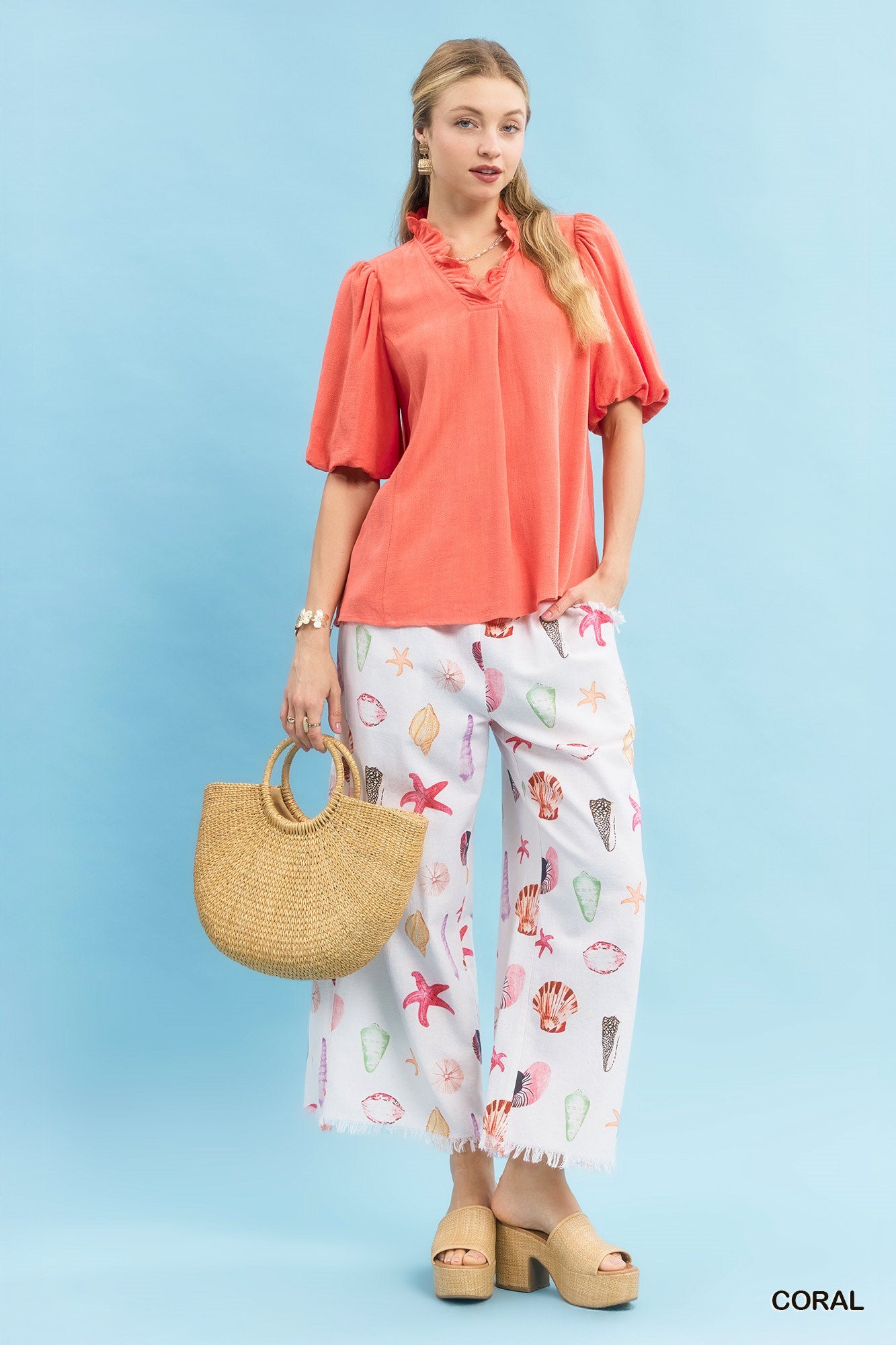 Laura Linen Scallop V Neck Top Coral